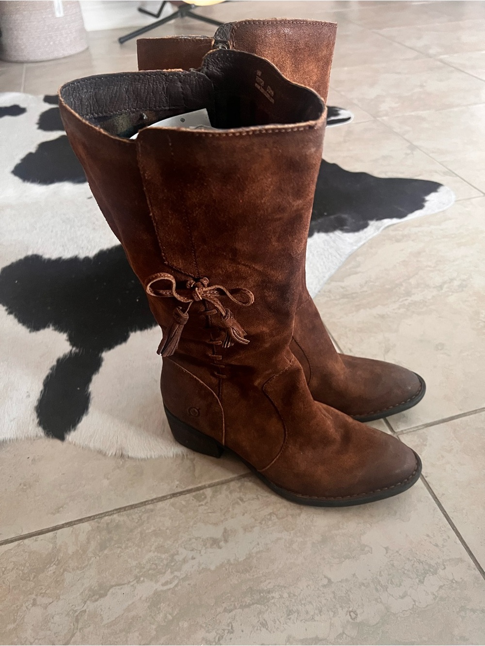 Born Brown Suede Beckett Distressed Riding Boots side Tassel